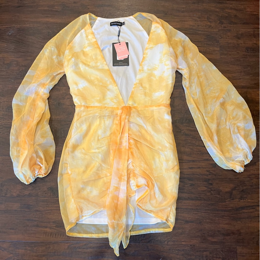 Yellow Prettylittlething tie dye chiffon long sleeve body on dress